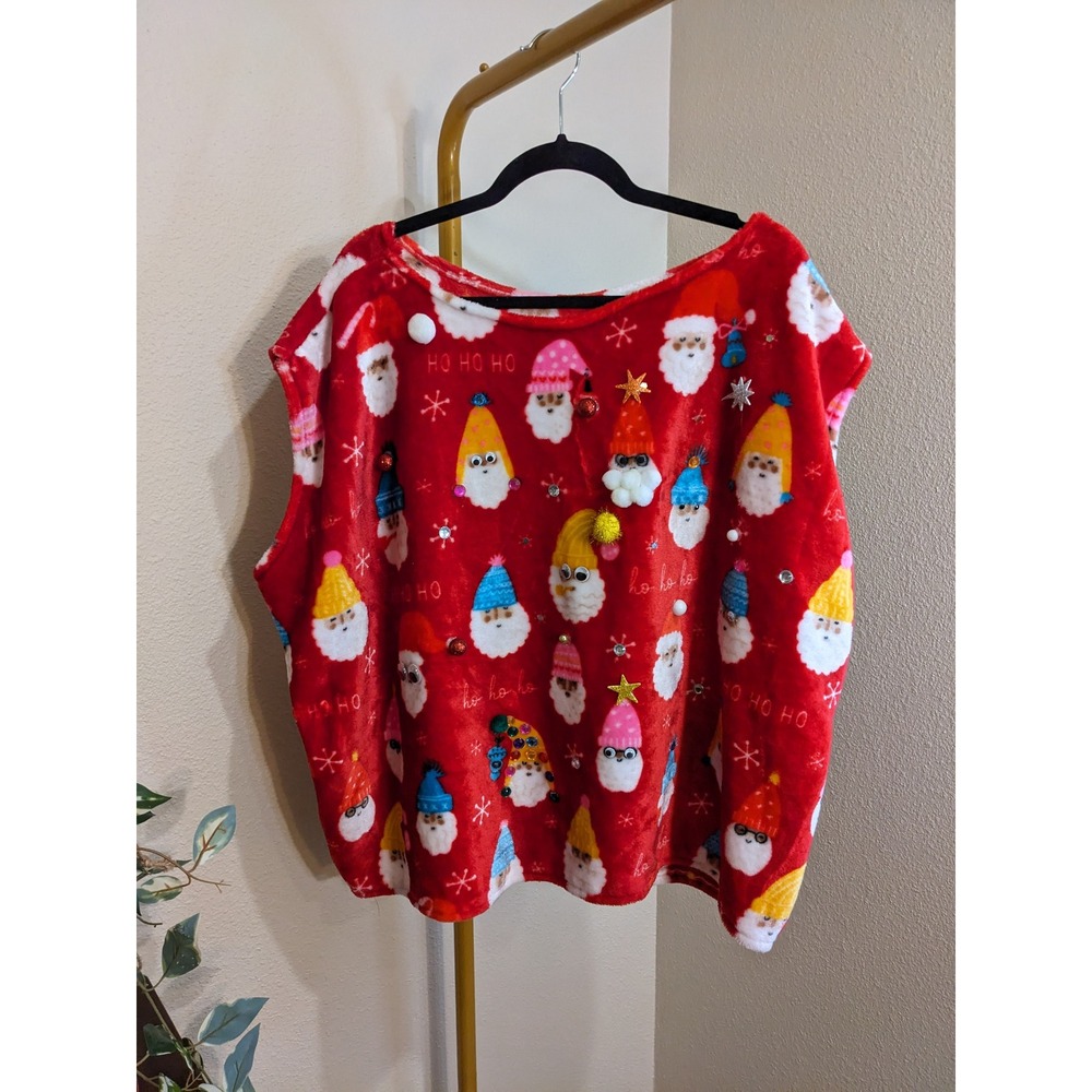 Christmas Fleece Sweater Oversized 3D Embellished Holiday Vest Red Sleeveless